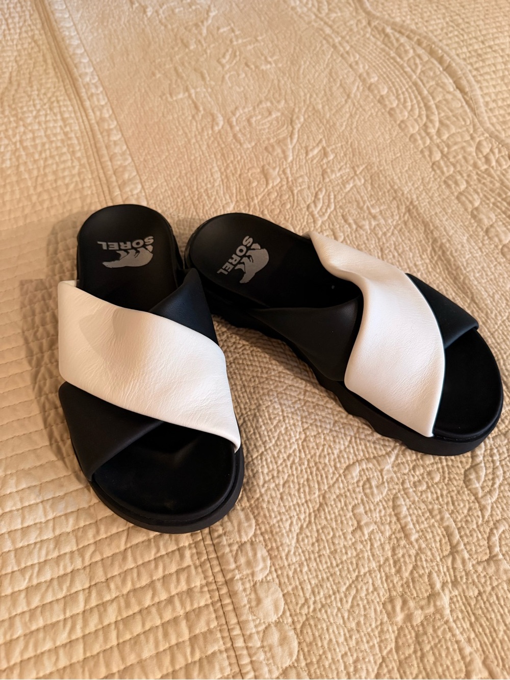 Sorel Black and White Logo Slide Sandals